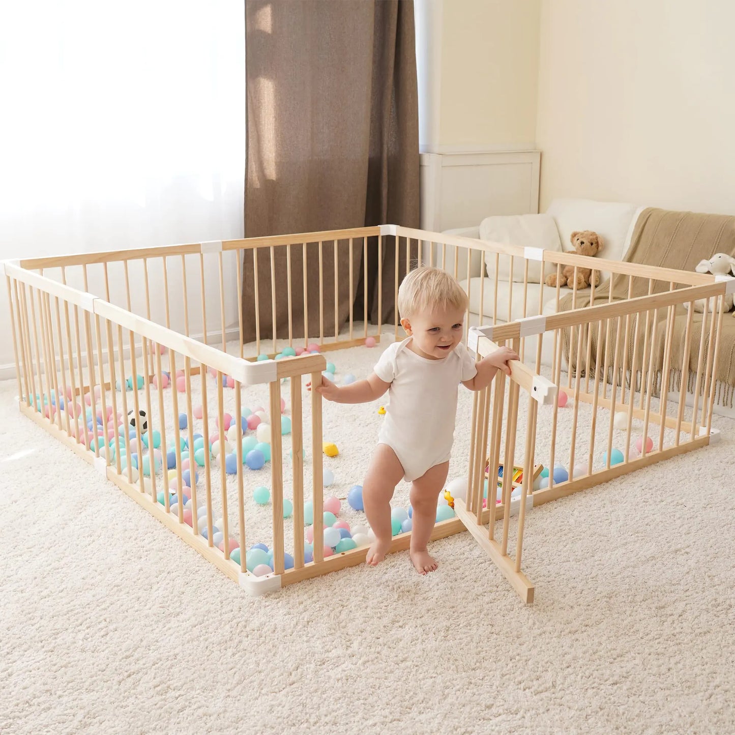 Pine Wood Baby Playpen & Gate - Large Adjustable Play Yard
