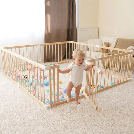 Pine Wood Baby Playpen & Gate - Large Adjustable Play Yard